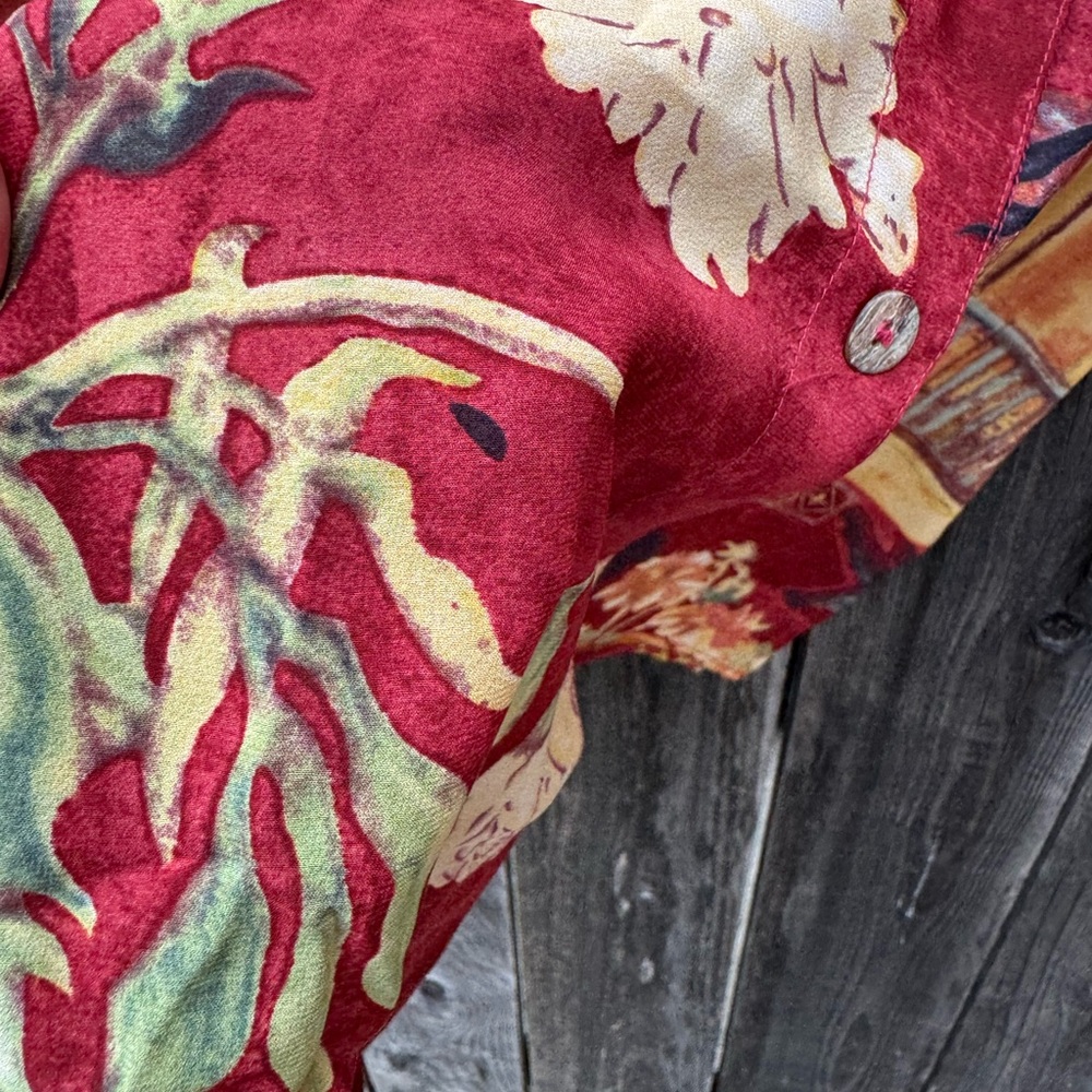 Citron Santa Monica Red Patterned Silk Button Down Long Sleeve Tunic Blouse Smal - Picture 5 of 12